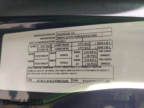 2015 Chrysler 300 with VIN 2C3CCAGG1FH815698, listed as a IAAI auction lot 41853449 with 172,507 mi miles. Bid and sale history available at carsss.com. Image 9.
