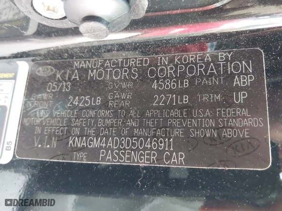 2013 Kia Optima Hybrid EX with VIN KNAGM4AD3D5046911, listed as a IAAI auction lot 41505332 with 85,305 mi miles. Bid and sale history available at carsss.com. Image 9.