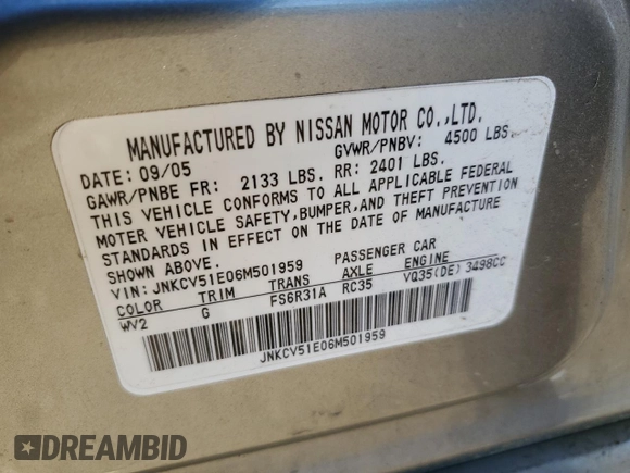 2006 Infiniti G35 with VIN JNKCV51E06M501959, listed as a Copart auction lot 73346234 with 142,194 mi miles and Salvage Title. Bid and sale history available at DreamBid. Image 13.