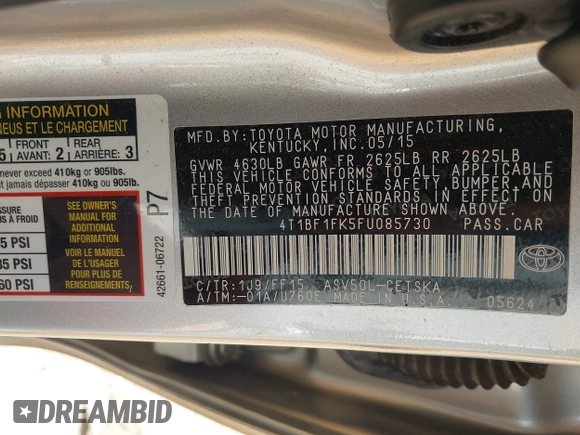 2015 Toyota Camry XLE with VIN 4T1BF1FK5FU085730, listed as a IAAI auction lot 42041014 with 126,896 mi miles and . Bid and sale history available at DreamBid. Image 9.