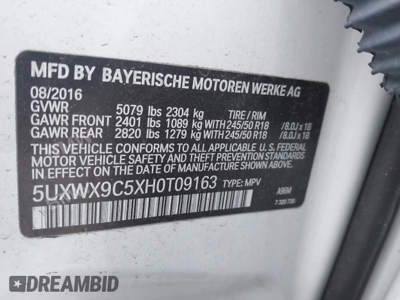 2017 BMW X3 xDrive28i with VIN 5UXWX9C5XH0T09163, listed as a IAAI auction lot 41119805 with 37,990 mi miles and . Bid and sale history available at DreamBid. Image 9.