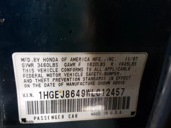 1998 Honda Civic EX with VIN 1HGEJ8649WL012457, listed as a Copart auction lot 76780314 with 150,709 mi miles and Salvage Title. Bid and sale history available at carsss.com. Image 12.
