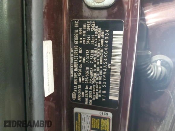 2019 Kia Sorento EX with VIN 5XYPH4A54KG464334, listed as a Copart auction lot 70758104 with 63,938 mi miles and Salvage Title. Bid and sale history available at DreamBid. Image 13.