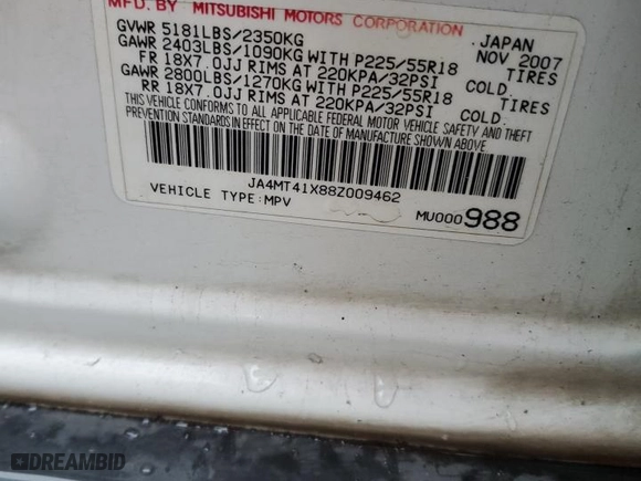 2008 Mitsubishi Outlander XLS with VIN JA4MT41X88Z009462, listed as a Copart auction lot 44002115 with 278,859 mi miles and Salvage Title. Bid and sale history available at carsss.com. Image 12.