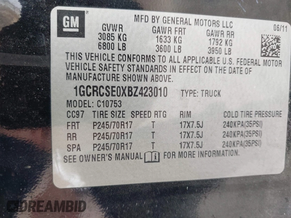 2011 Chevrolet Silverado 1500 LT with VIN 1GCRCSE0XBZ423010, listed as a IAAI auction lot 42112256 with 143,682 mi miles and . Bid and sale history available at DreamBid. Image 9.