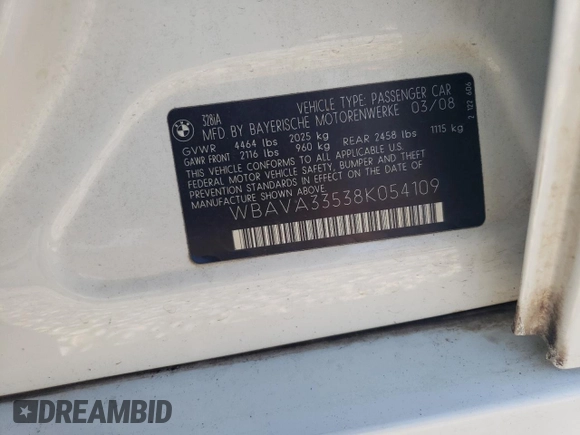 2008 BMW 3 Series 328i with VIN WBAVA33538K054109, listed as a Copart auction lot 60076685 with 149,001 mi miles and Salvage title. Bid and sale history available at DreamBid. Image 12.
