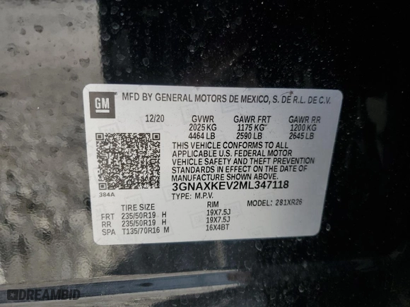 2021 Chevrolet Equinox LT with VIN 3GNAXKEV2ML347118, listed as a Copart auction lot 48855585 with 54,385 mi miles and Salvage Title. Bid and sale history available at carsss.com. Image 14.