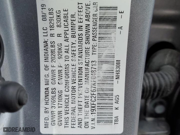 2019 Honda Civic Sedan LX with VIN 19XFC2F67KE048713, listed as a Copart auction lot 44887215 with 54,334 mi miles and Salvage Title. Bid and sale history available at carsss.com. Image 12.