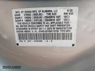 2005 Honda Odyssey EX-L with VIN 5FNRL38795B115738, listed as a IAAI auction lot 41789669 with 292,926 mi miles. Bid and sale history available at carsss.com. Image 9.
