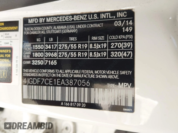 2014 Mercedes-Benz GL-Class GL 450 with VIN 4JGDF7CE1EA387056, listed as a IAAI auction lot 41899945 with 126,842 mi miles. Bid and sale history available at carsss.com. Image 9.
