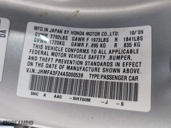 2010 Honda Civic Hybrid with VIN JHMFA3F24AS000539, listed as a IAAI auction lot 41993379 with 1 mi miles. Bid and sale history available at carsss.com. Image 9.