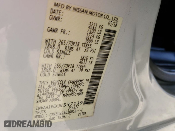 2018 Nissan Titan SV with VIN 1N6AA1E6XJN537139, listed as a Copart auction lot 49924305 with 61,835 mi miles and Salvage Title. Bid and sale history available at carsss.com. Image 15.