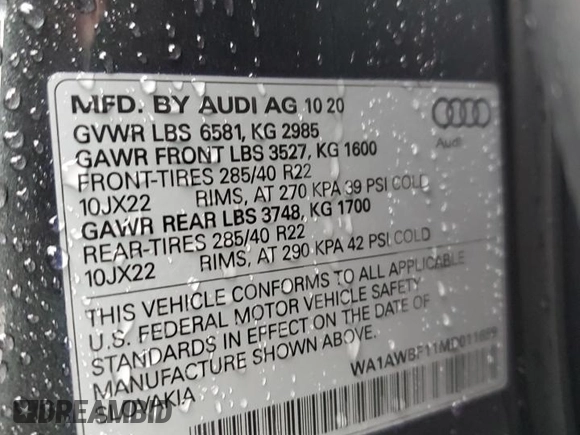 2021 Audi SQ8 Premium Plus z VIN WA1AWBF11MD011659, wystawiony jako Copart lot #68281973 z przebiegiem Nie podano mil oraz . Historia ofert i sprzedaży dostępna na DreamBid. Obrazek 15.