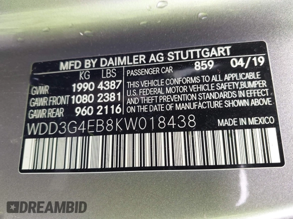 2019 Mercedes-Benz A 220 with VIN WDD3G4EB8KW018438, listed as a IAAI auction lot 41594358 with 60,434 mi miles and . Bid and sale history available at DreamBid. Image 9.