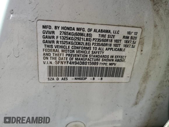 2013 Honda Pilot Touring with VIN 5FNYF4H94DB015989, listed as a Copart auction lot 52565905 with 108,152 mi miles and Salvage Title. Bid and sale history available at DreamBid. Image 13.