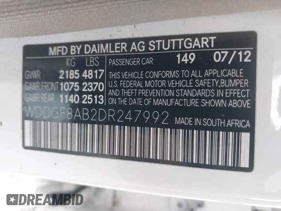 2013 Mercedes-Benz C 300 Sport with VIN WDDGF8AB2DR247992, listed as a IAAI auction lot 42484654 with 102,736 mi miles and . Bid and sale history available at DreamBid. Image 9.