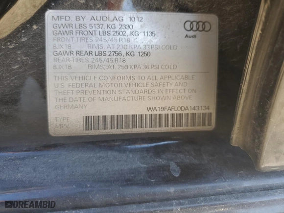 2013 Audi allroad Premium with VIN WA19FAFL0DA143134, listed as a Copart auction lot 45102164 with 122,118 mi miles and Clean Title. Bid and sale history available at carsss.com. Image 12.