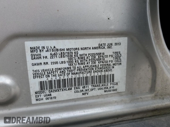 2013 Mitsubishi Outlander Sport LE with VIN 4A4AP5AU6DE024531, listed as a Copart auction lot 55617405 with 129,973 mi miles and Clean Title. Bid and sale history available at carsss.com. Image 13.