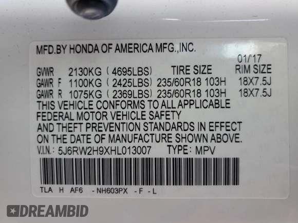 2017 Honda CR-V Touring with VIN 5J6RW2H9XHL013007, listed as a Copart auction lot 45664825 with 65,641 mi miles and Salvage Title. Bid and sale history available at carsss.com. Image 14.