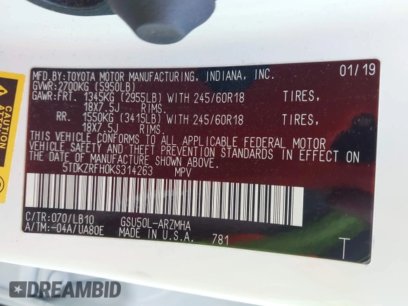 2019 Toyota Highlander SE with VIN 5TDKZRFH0KS314263, listed as a IAAI auction lot 42174469 with 72,682 mi miles and . Bid and sale history available at DreamBid. Image 9.