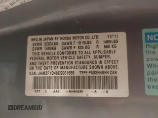 2012 Honda CR-Z with VIN JHMZF1D48CS001655, listed as a IAAI auction lot 42679618 with Not provided miles and . Bid and sale history available at DreamBid. Image 9.