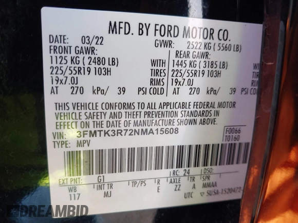 2022 Ford Mustang Mach-E Premium with VIN 3FMTK3R72NMA15608, listed as a IAAI auction lot 41824239 with 69,660 mi miles and . Bid and sale history available at DreamBid. Image 9.