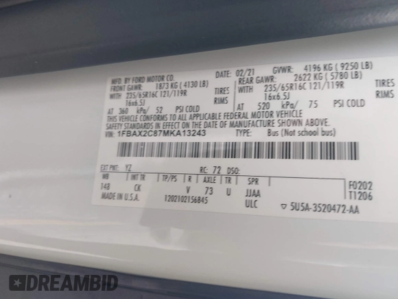 2021 Ford Transit Passenger XL with VIN 1FBAX2C87MKA13243, listed as a IAAI auction lot 41211001 with 94,954 mi miles and . Bid and sale history available at DreamBid. Image 9.