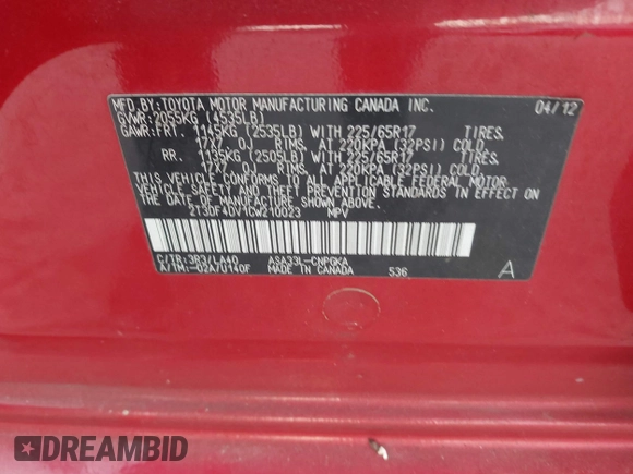 2012 Toyota RAV4 Limited with VIN 2T3DF4DV1CW210023, listed as a IAAI auction lot 41865736 with 144,980 mi miles. Bid and sale history available at carsss.com. Image 9.