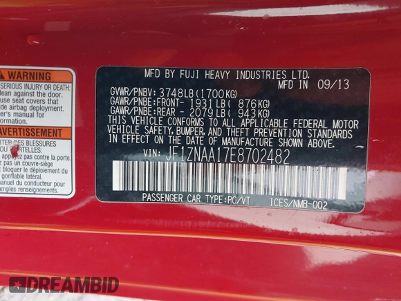 2014 Scion FR-S z VIN JF1ZNAA17E8702482, wystawiony jako IAAI lot #41582768 z przebiegiem 117 193 mil mil oraz . Historia ofert i sprzedaży dostępna na DreamBid. Obrazek 9.