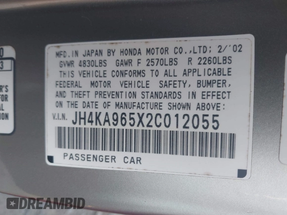 2002 Acura RL с VIN JH4KA965X2C012055, выставлен на аукционе IAAI как лот 42273551 с пробегом 148 392 миль миль и . История ставок и продаж доступна на DreamBid. Изображение 9.