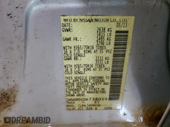 2013 Nissan Frontier SV with VIN 1N6AD0EV2DN738059, listed as a Copart auction lot 84218064 with Not provided miles and Clean title. Bid and sale history available at DreamBid. Image 12.