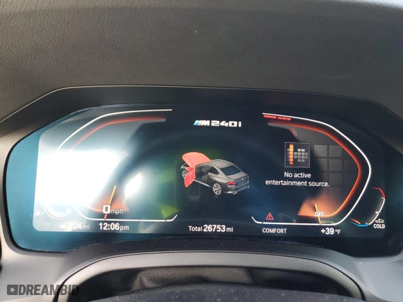 2022 BMW 2 Series M240i xDrive with VIN 3MW53CM09N8C49139, listed as a Copart auction lot 87320934 with 26,753 mi miles and Salvage Title. Bid and sale history available at carsss.com. Image 9.