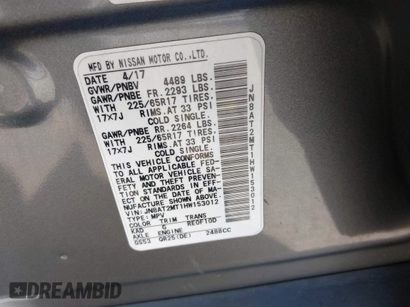 2017 Nissan Rogue S with VIN JN8AT2MT1HW153012, listed as a IAAI auction lot 42497630 with 169,329 mi miles and . Bid and sale history available at DreamBid. Image 9.