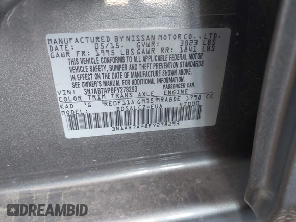2015 Nissan Sentra SR with VIN 3N1AB7AP8FY278293, listed as a IAAI auction lot 42058366 with 133,199 mi miles and . Bid and sale history available at DreamBid. Image 9.