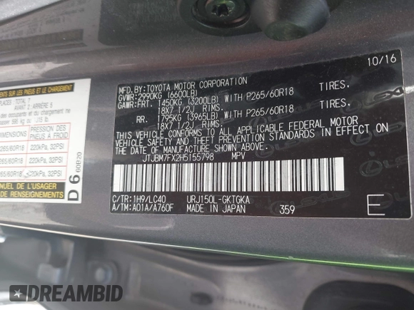 2017 Lexus GX 460 with VIN JTJBM7FX2H5155798, listed as a IAAI auction lot 41984915 with 101,992 mi miles and . Bid and sale history available at DreamBid. Image 9.