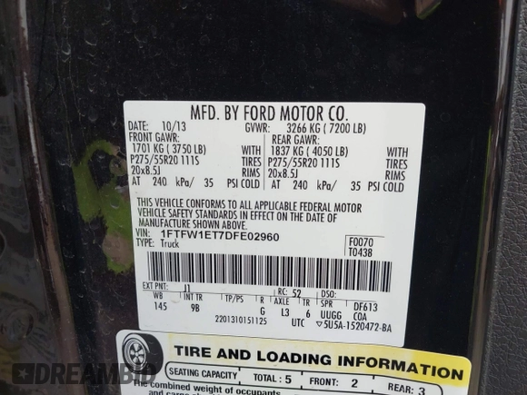 2013 Ford F-150 XL with VIN 1FTFW1ET7DFE02960, listed as a IAAI auction lot 41577436 with 161,577 mi miles. Bid and sale history available at carsss.com. Image 9.