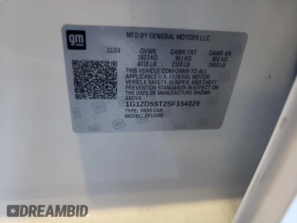 2025 Chevrolet Malibu LT with VIN 1G1ZD5ST2SF154329, listed as a Copart auction lot 54897995 with 2,311 mi miles and Salvage Title. Bid and sale history available at DreamBid. Image 12.