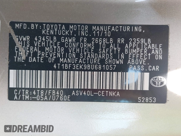 2011 Toyota Camry LE with VIN 4T1BF3EK9BU681057, listed as a IAAI auction lot 42207555 with 147,476 mi miles and . Bid and sale history available at DreamBid. Image 9.