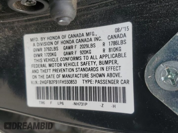 2015 Honda Civic EX-L with VIN 2HGFB2F91FH550853, listed as a Copart auction lot 51111585 with 176,151 mi miles and Salvage Title. Bid and sale history available at DreamBid. Image 13.