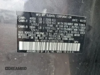 2022 Subaru Outback Premium with VIN 4S4BTACC6N3197205, listed as a Copart auction lot 61657005 with 59,385 mi miles and Salvage title. Bid and sale history available at DreamBid. Image 13.
