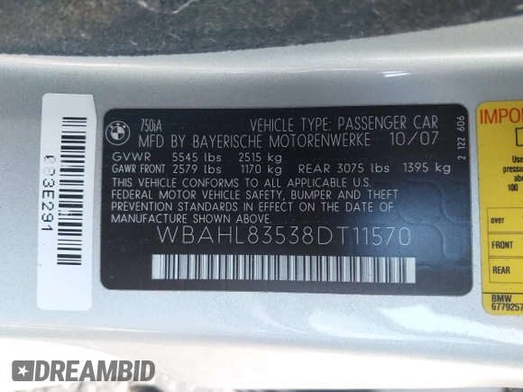 2008 BMW 7 Series ALPINA B7 с VIN WBAHL83538DT11570, выставлен на аукционе IAAI как лот 41246065 с пробегом Не указан миль и . История ставок и продаж доступна на DreamBid. Изображение 9.