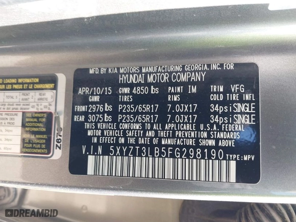 2015 Hyundai Santa Fe Sport with VIN 5XYZT3LB5FG298190, listed as a IAAI auction lot 41840144 with 141,938 mi miles. Bid and sale history available at carsss.com. Image 8.