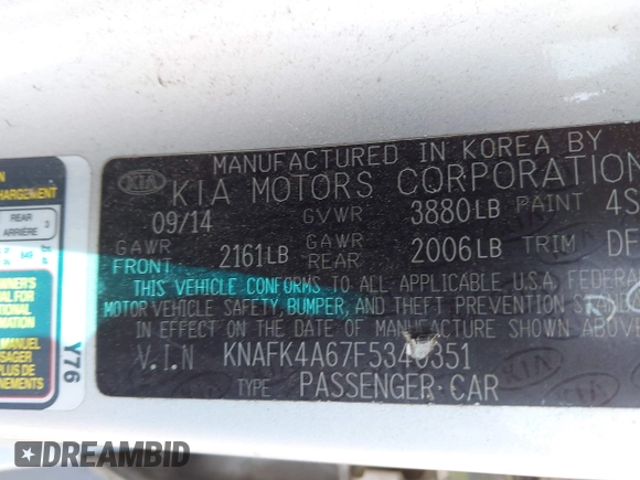 2015 Kia Forte LX with VIN KNAFK4A67F5340351, listed as a IAAI auction lot 41982078 with 217,530 mi miles. Bid and sale history available at carsss.com. Image 9.