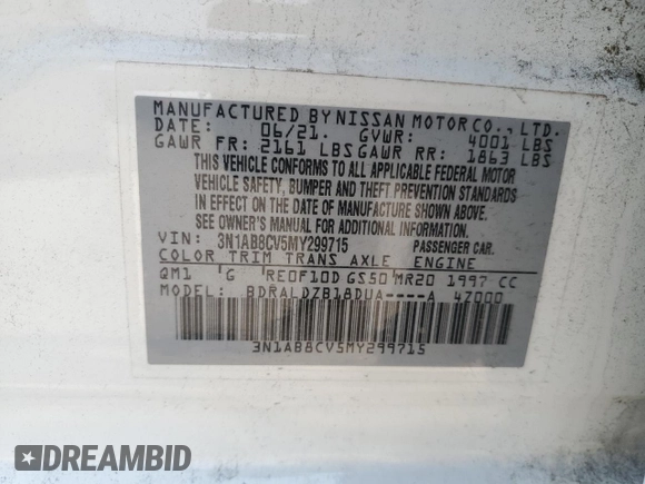 2021 Nissan Sentra SV with VIN 3N1AB8CV5MY299715, listed as a Copart auction lot 59483005 with 77,340 mi miles and Salvage title. Bid and sale history available at DreamBid. Image 13.