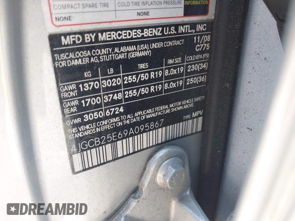 2009 Mercedes-Benz R 3.0L with VIN 4JGCB25E69A095867, listed as a IAAI auction lot 42422686 with Not provided miles and . Bid and sale history available at DreamBid. Image 9.