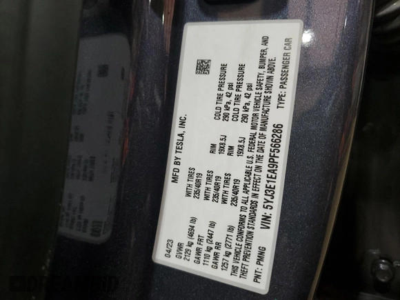 2023 Tesla Model 3 с VIN 5YJ3E1EA9PF566286, выставлен на аукционе Copart как лот 45907095 с пробегом Не указан миль и Чистый • Clean title. История ставок и продаж доступна на DreamBid. Изображение 14.
