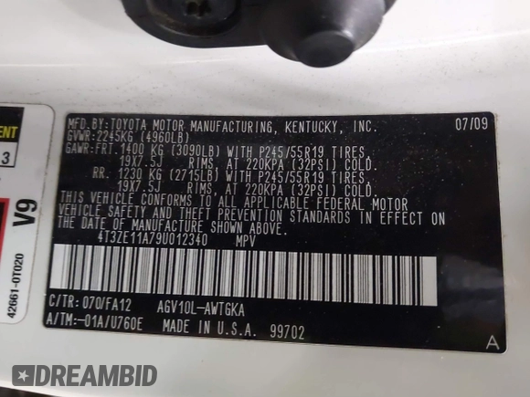 2009 Toyota Venza с VIN 4T3ZE11A79U012340, выставлен на аукционе IAAI как лот 41889831 с пробегом Не указан миль и . История ставок и продаж доступна на DreamBid. Изображение 9.