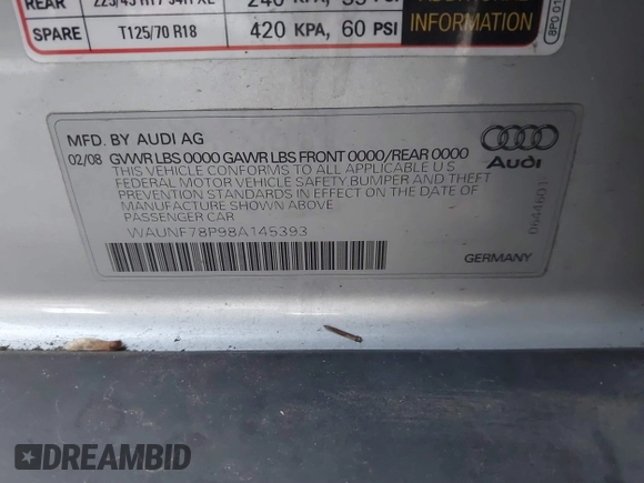 2008 Audi A3 with VIN WAUNF78P98A145393, listed as a IAAI auction lot 41258987 with 91,720 mi miles. Bid and sale history available at carsss.com. Image 9.