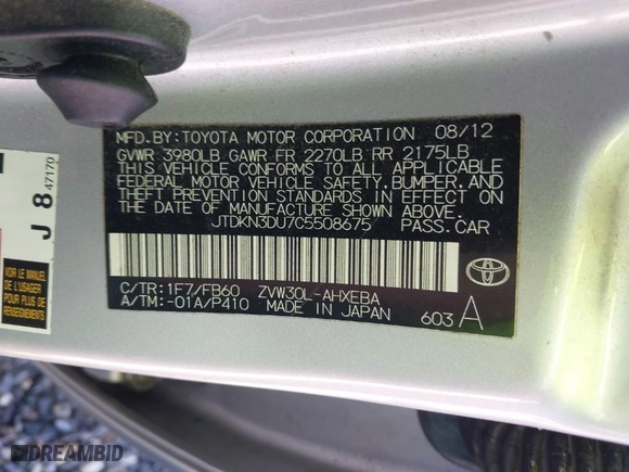 2012 Toyota Prius One with VIN JTDKN3DU7C5508675, listed as a IAAI auction lot 41816159 with NaN miles. Bid and sale history available at carsss.com. Image 9.