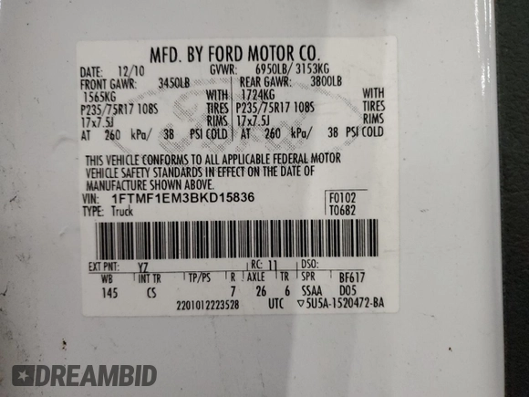 2011 Ford F-150 XL с VIN 1FTMF1EM3BKD15836, выставлен на аукционе Copart как лот 41519785 с пробегом 200 269 миль миль и Списание • Salvage title. История ставок и продаж доступна на DreamBid. Изображение 12.